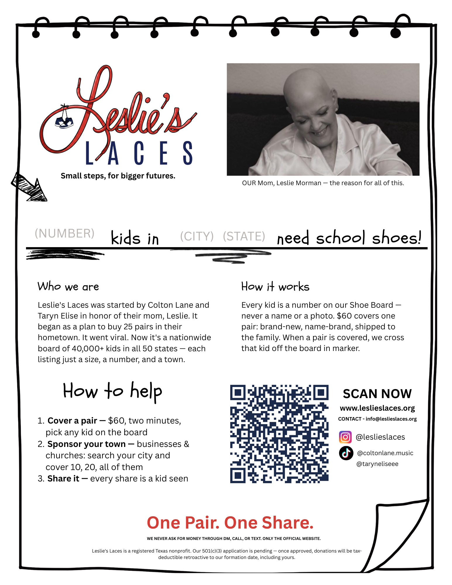 The Leslie's Laces flyer: logo, a photo of Leslie, blanks to write in how many kids are in your town, who we are, how it works, three ways to help, and a QR code.
